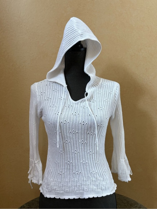 Rave Girl Sweaters - Vintage - Rave Girl - White Hooded Eyelet Knit Top with Drawstring